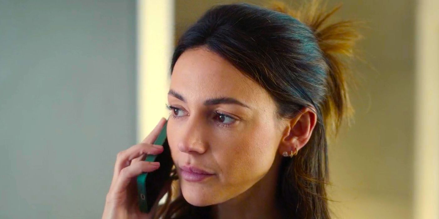 Michelle Keegan as Maya Stern speaks on the phone in episode 1 of Fool Me Once