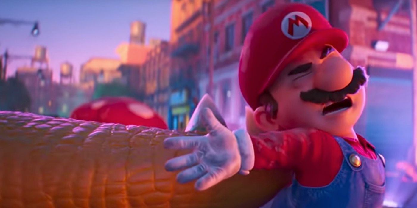 Mario getting hit by Bowser's tail in The Super Mario Bros. Movie.