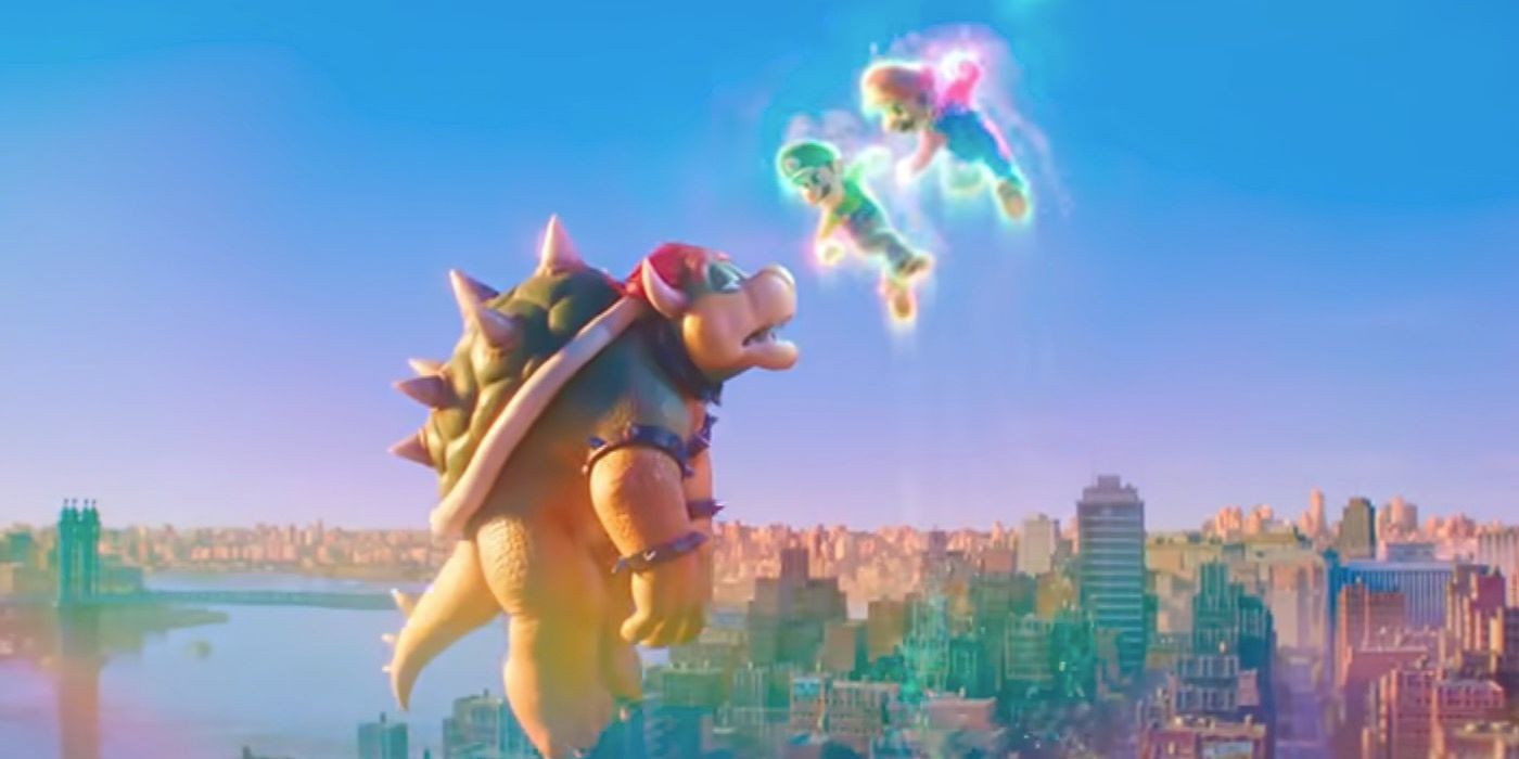 Mario and Luigi punch Bowser in The Super Mario Bros. Movie.