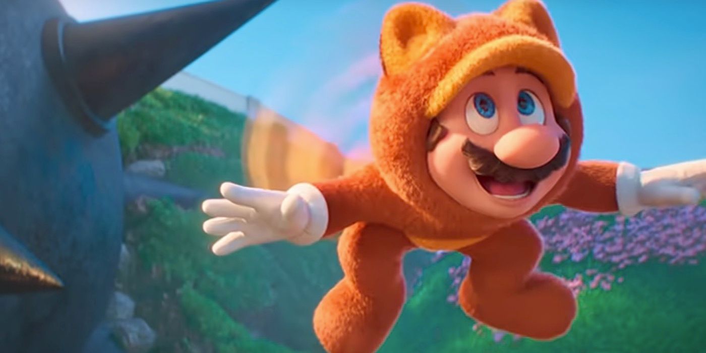 Mario flying with the Tanooki Suit in The Super Mario Bros. Movie.