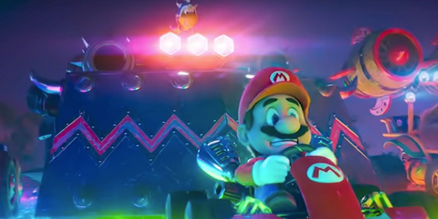 Mario being chased by a koopa on Rainbow Road in The Super Mario Bros. Movie.