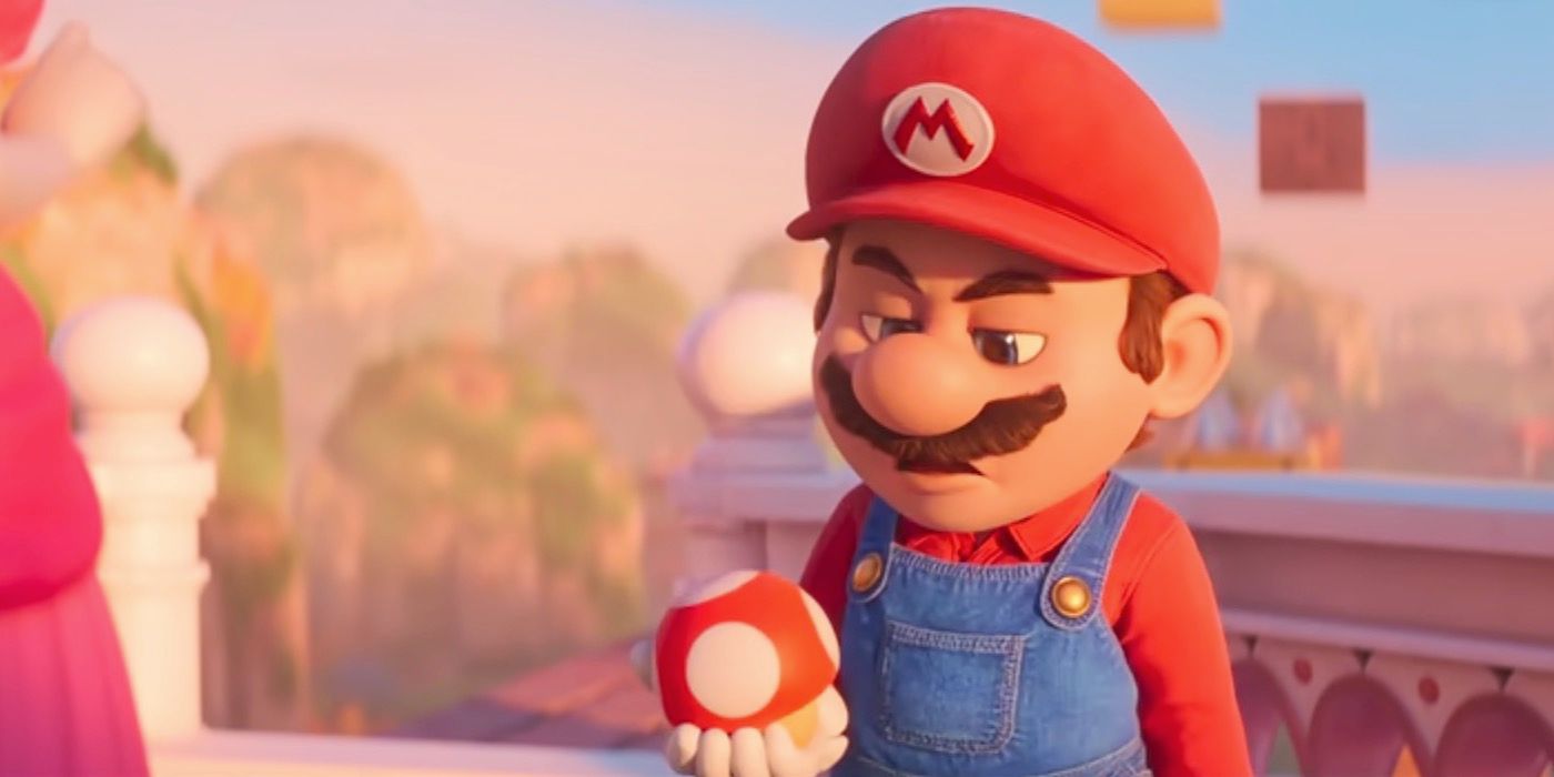 Mario holding a Super Mushroom in The Super Mario Bros. Movie.