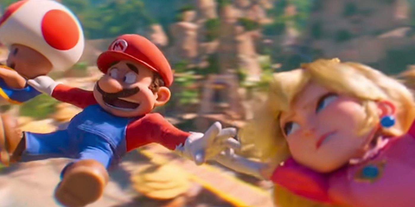 Peach holds Mario as he falls out of a kart in The Super Mario Bros Movie.