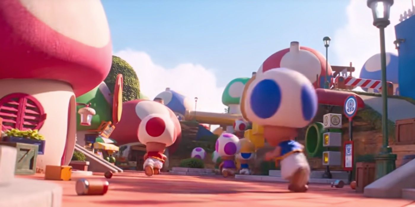 Toads evacuating the Mushroom Kingdom in The Super Mario Bros Movie.