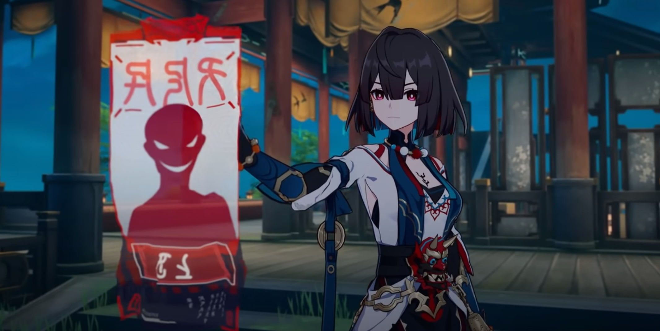 Xueyi holds up a holographic wanted poster in red and white with a red silhouette sporting an evil smile.