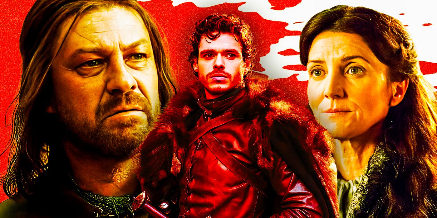 Sean Bean as Ned Stark, Richard Madden as Robb Stark, and Michelle Fairley as Catelyn Stark in Game of Thrones seasons 1 and 3