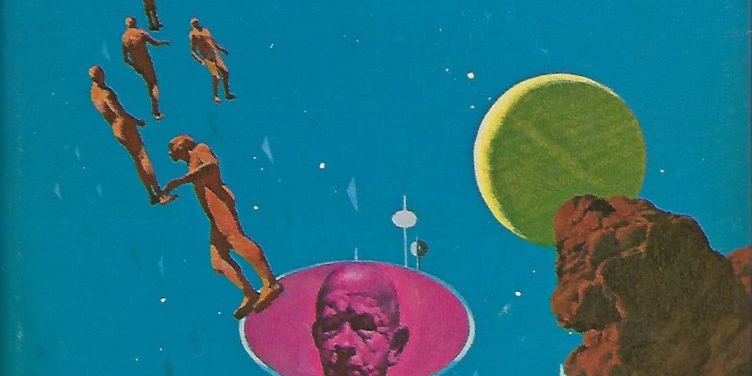 Several figures ascend to the sky from a mysterious oblong orb amid an alien landscape in the cover art of Philip Jose Farmer's To Your Scattered Bodies Go