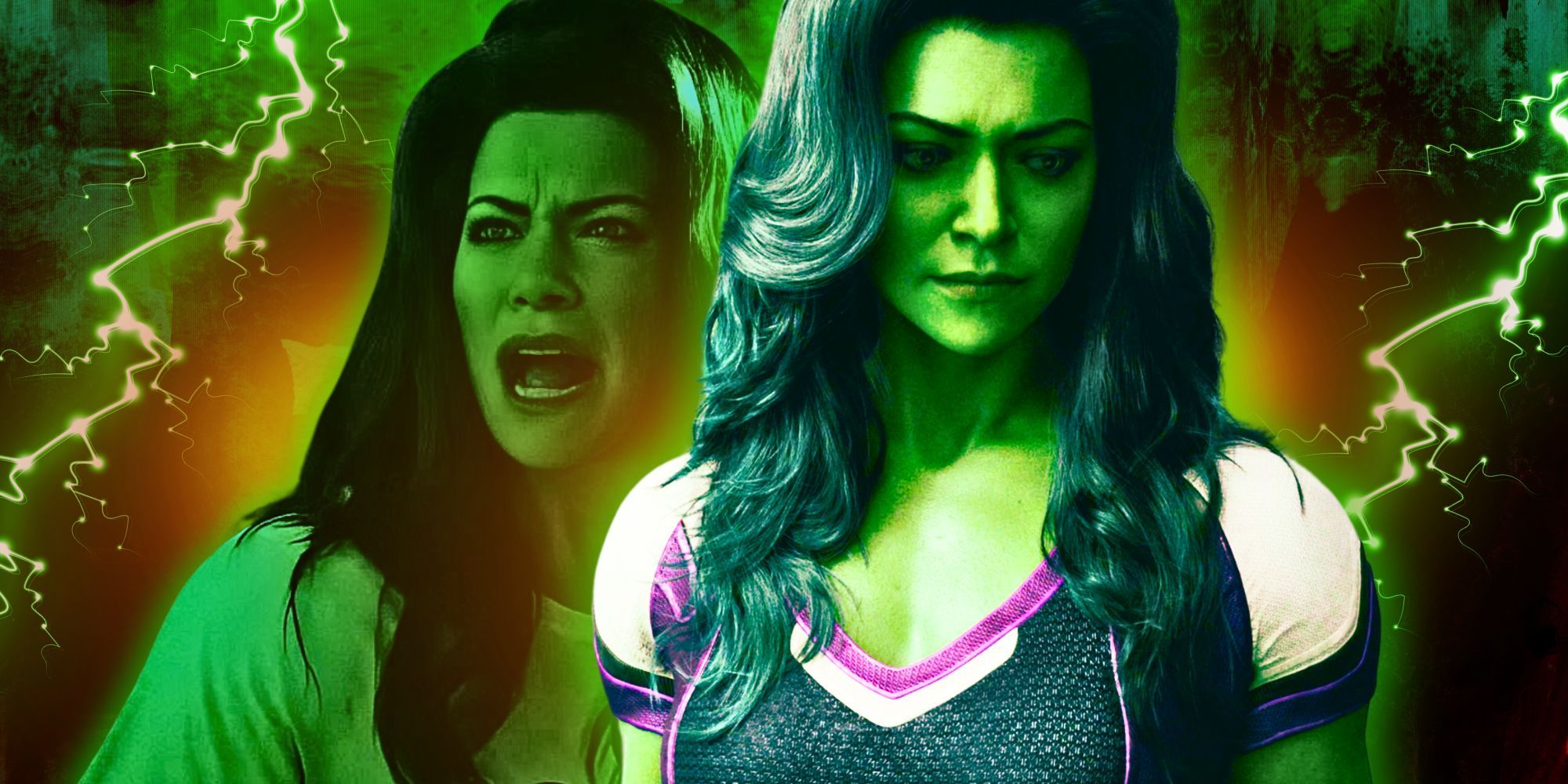She-Hulk shouting in the MCU next to another image of She-Hulk scowling against a green background 