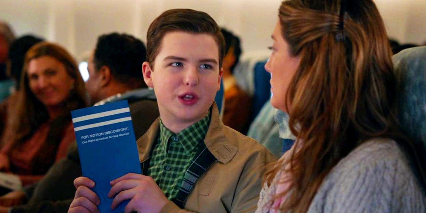 Sheldon talking to his mom while holding an item on the plane in Young Sheldon season 6 finale