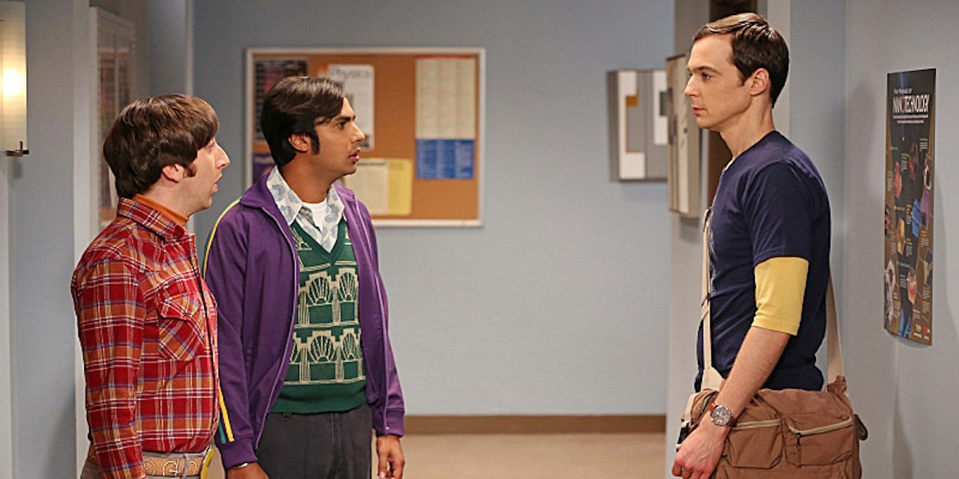 Sheldon, Howard, and Raj talking in a hallway in the Big Bang Theory