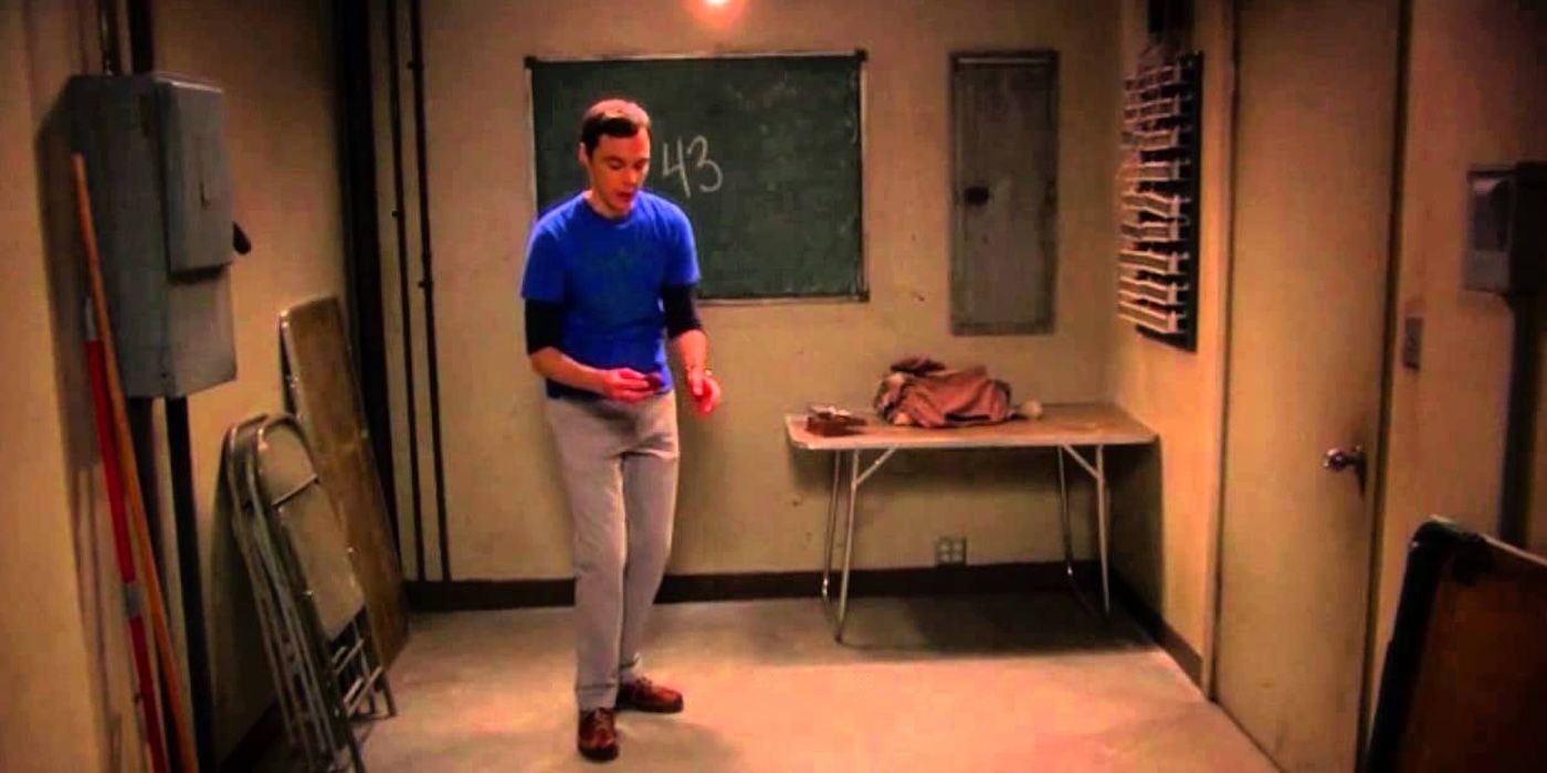 Sheldon standing next to a chalkboard with a 43 written on it in The Big Bang Theory