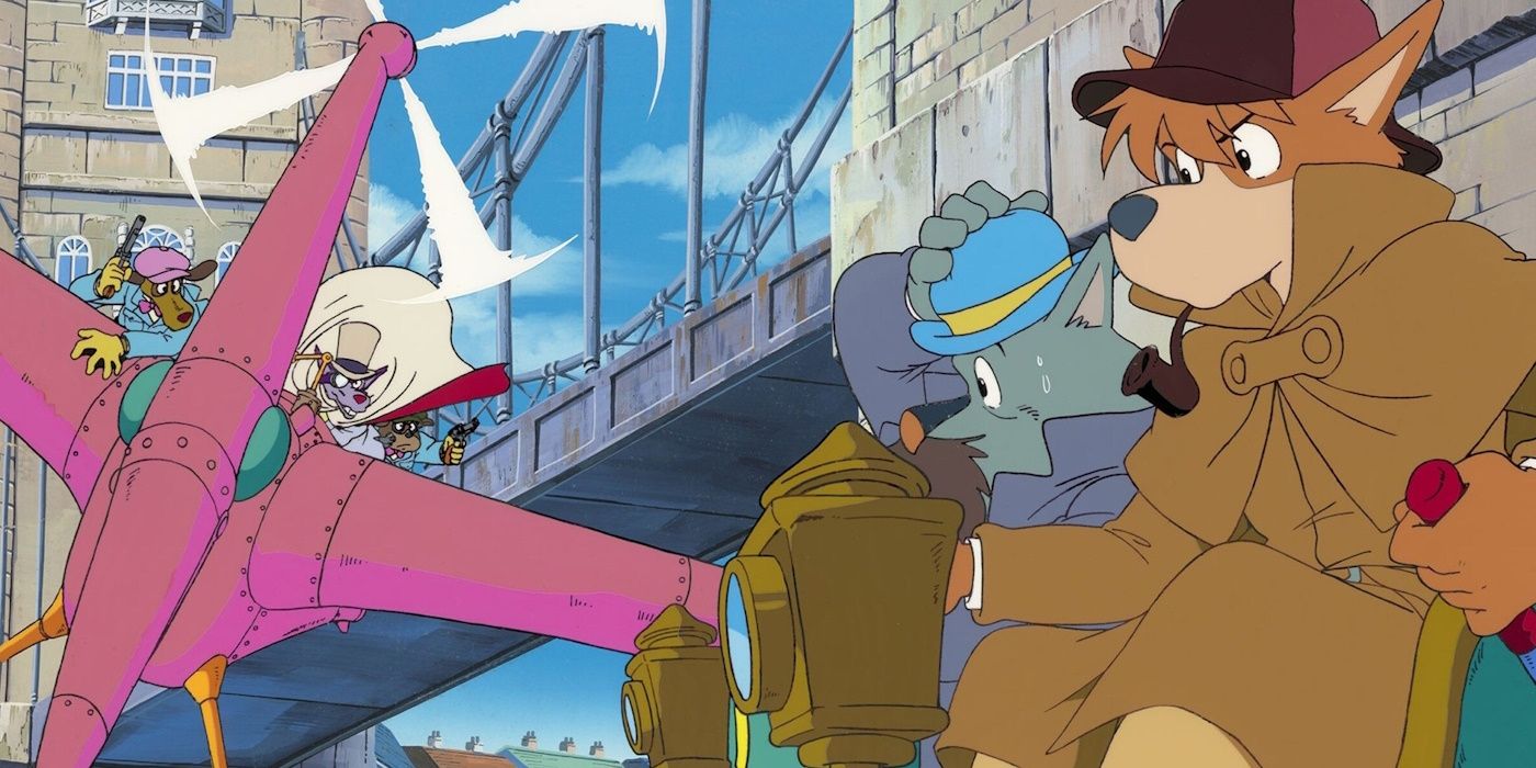 Promotional image for Sherlock Hound, by Hayao Miyazaki showing the titular character hiding from a plane behind a bridge.