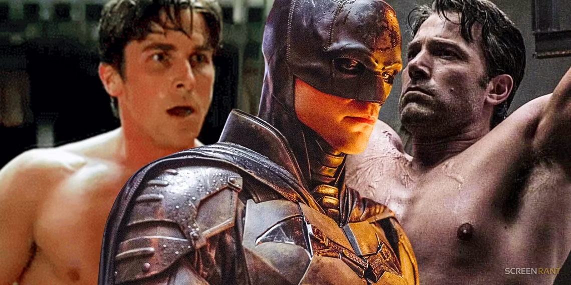 Gambar kolase yang menampilkan Bruce Wayne/Batman versi Christian Bale, Ben Affleck, dan Robert Pattinson