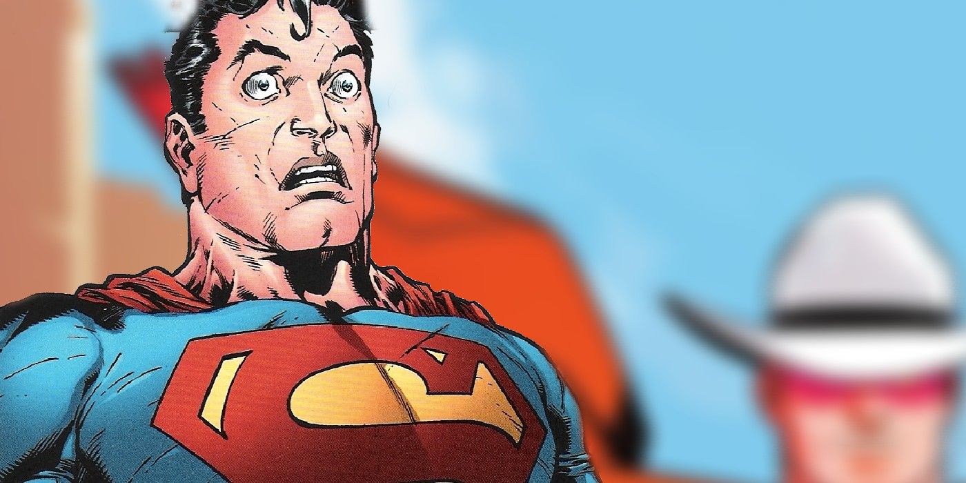 Comic book art: a shocked looking Superman in front of a blurred image of Superman with a cowboy hat.