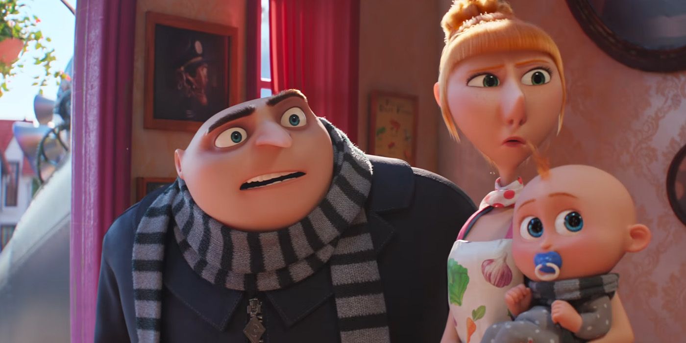 Shocked Gru with wife and baby from the Despicable Me 4 movie trailer