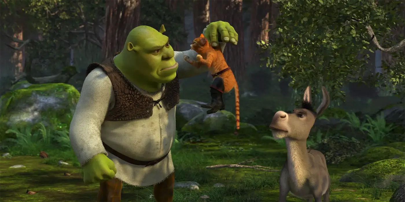 Shrek e burro com gato na cabine em Shrek 2