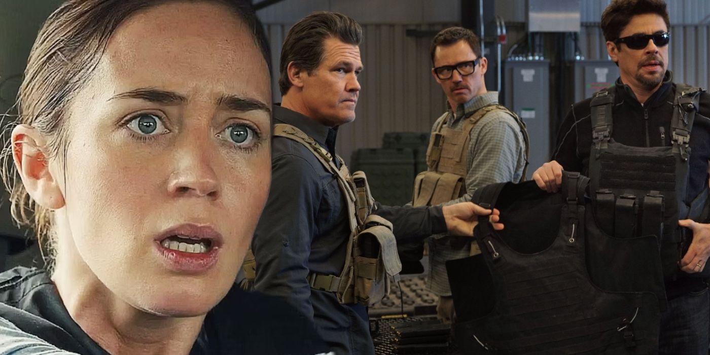 Emily Blunt looks shocked imposed over an image of Benicio del Toro and Josh Brolin in Sicario