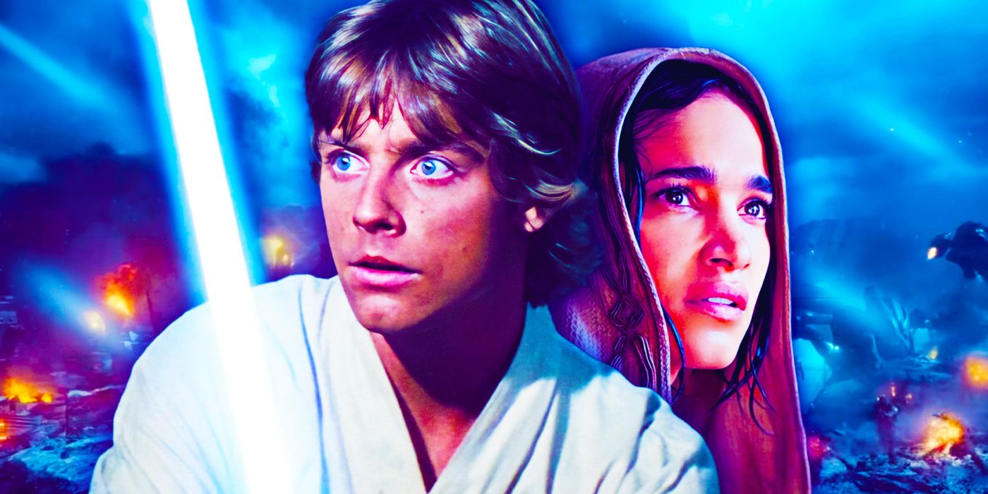 Lukę Skywalker in Star Wars A New Hope with Kora in Rebel Moon and a destroyed planet in the background