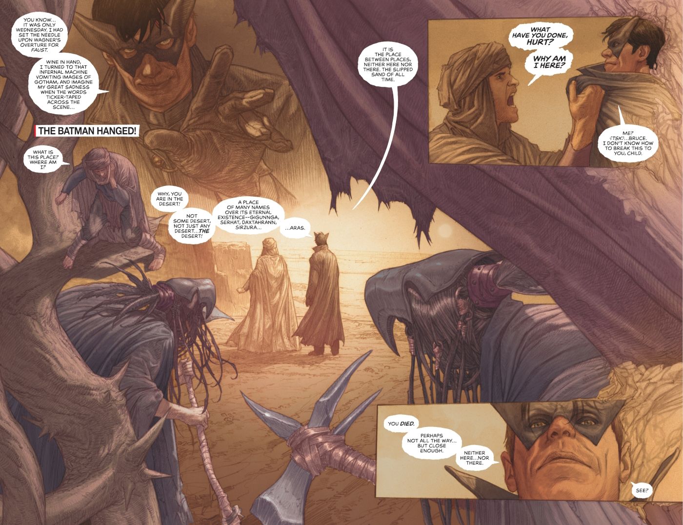 Comic book page: Doctor Hurt and Bruce Wayne in a desert setting.