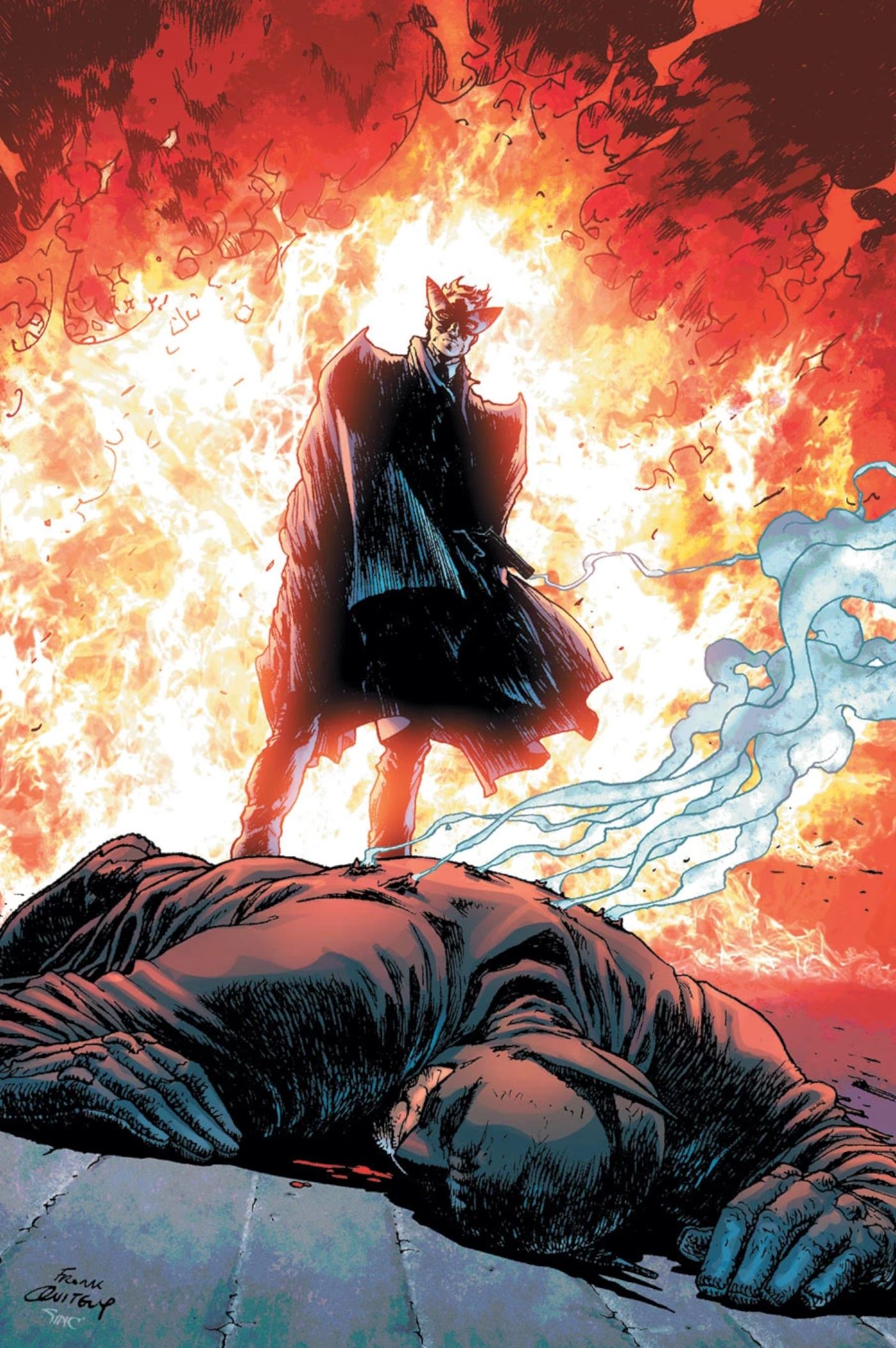 Comic book page: Doctor Hurt, engulfed in flames, stands over an unconscious Batman.