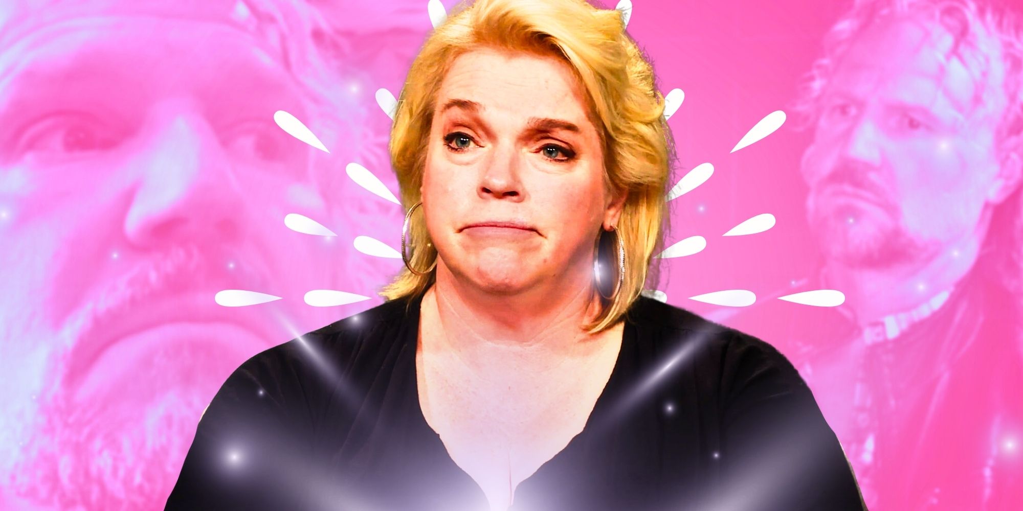 Sister Wives Janelle Brown looking miserable with pink background