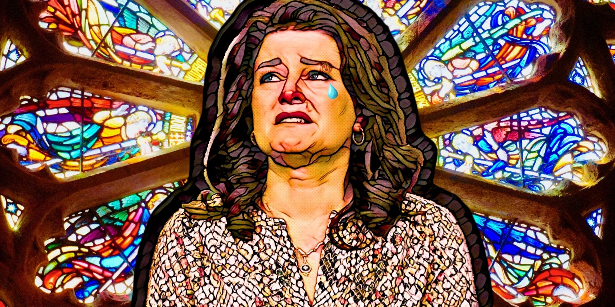 sister wives robyn brown as a martyr with stained glass background