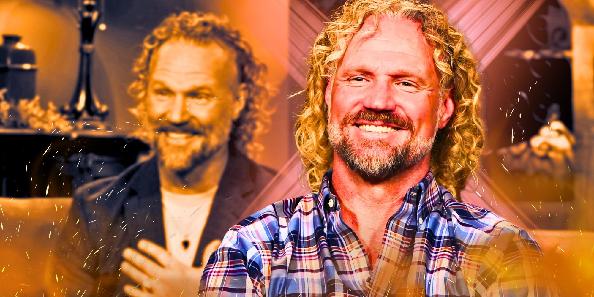 Sister Wives Kody Brown montage two images of Kody grinning orange tones