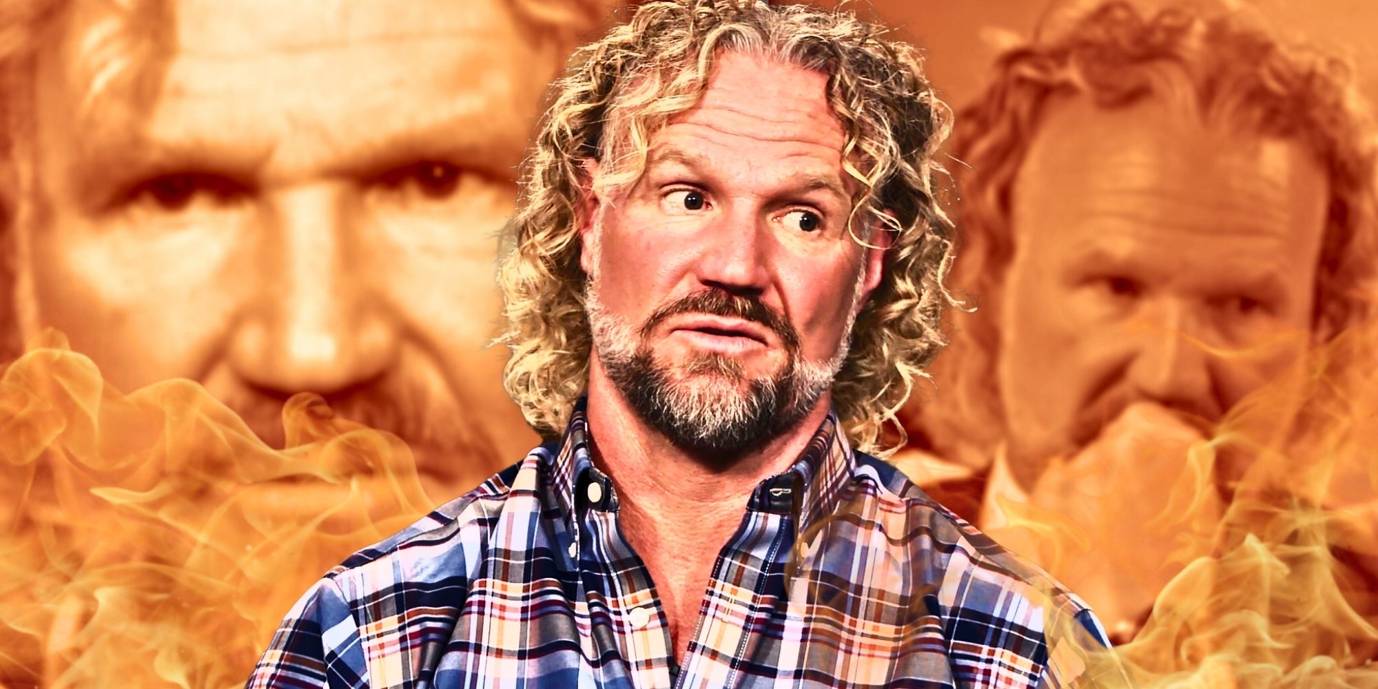 Sister Wives' Kody Brown wearing checked shirt and serious expression surrounded by flames