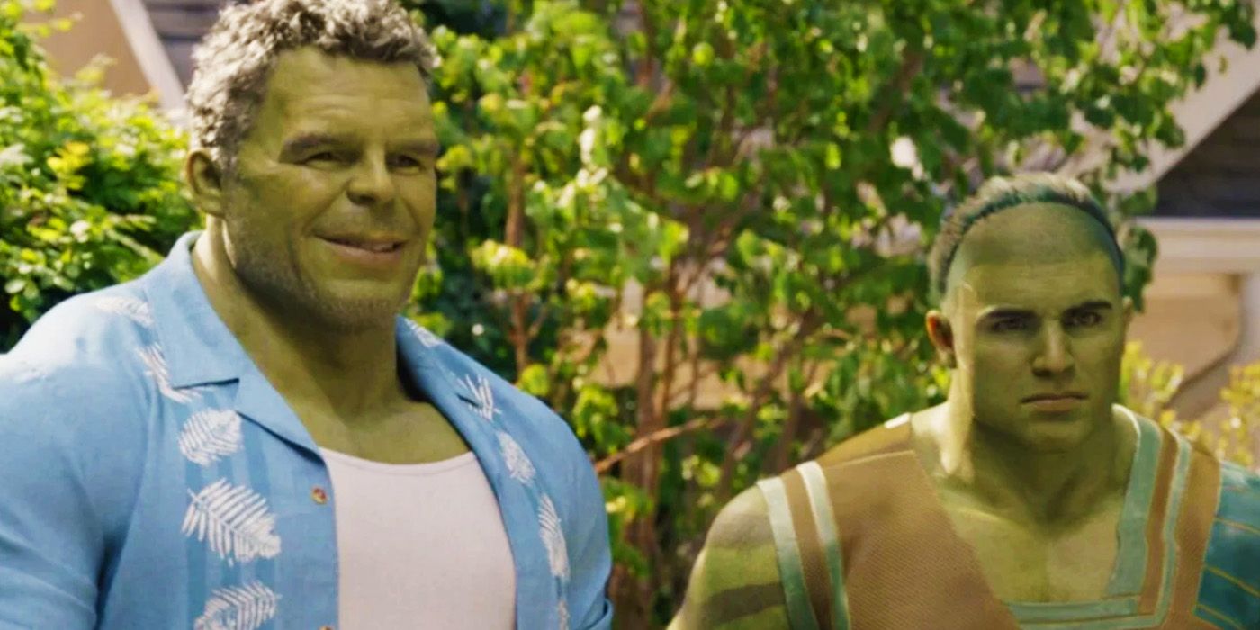 Smart Hulk de Mark Ruffalo e Skaar de Wil Deusner em uma festa no jardim no final de She-Hulk Attorney at Law
