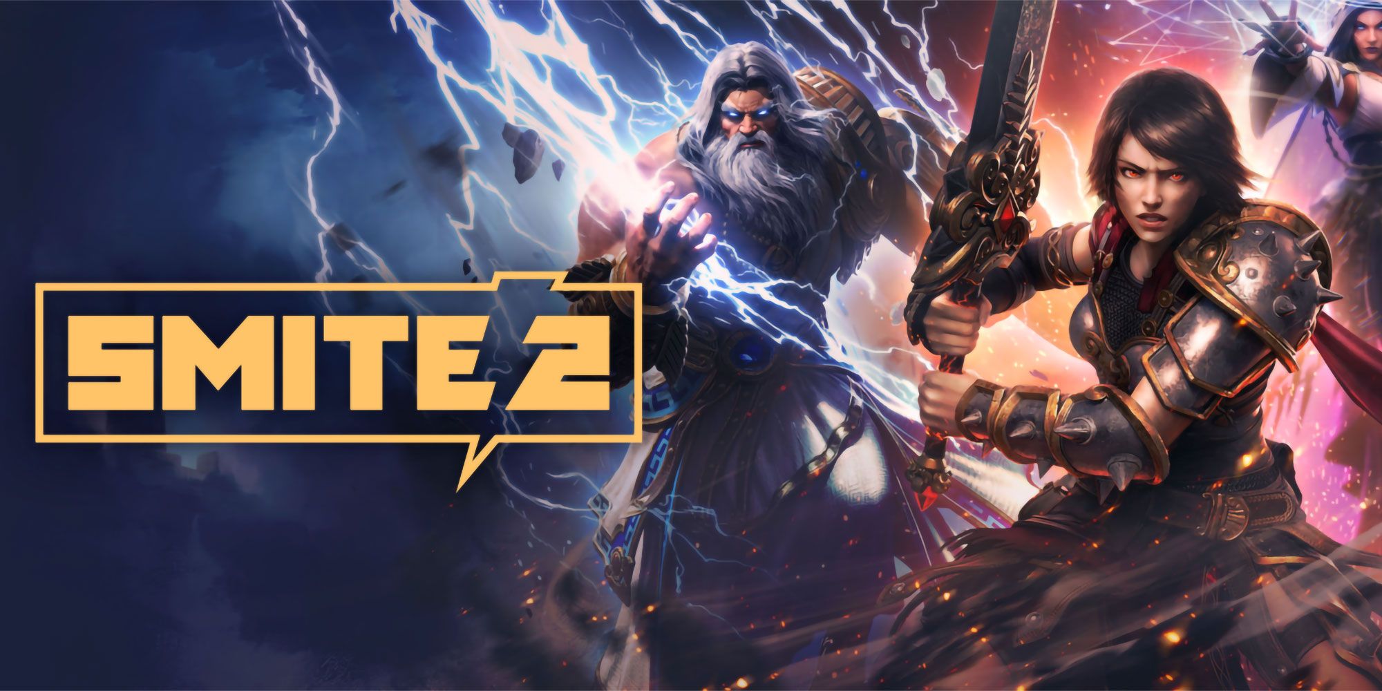 Smite 2 logo with Zeus and other gods next to it. 