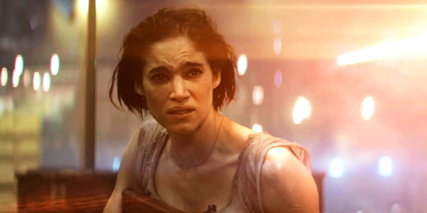 Sofia Boutella as Kora in the midst of a battle in Rebel Moon