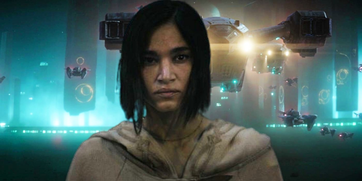 Sofia Boutella as Kora juxtaposed with flying space ships in Rebel Moon