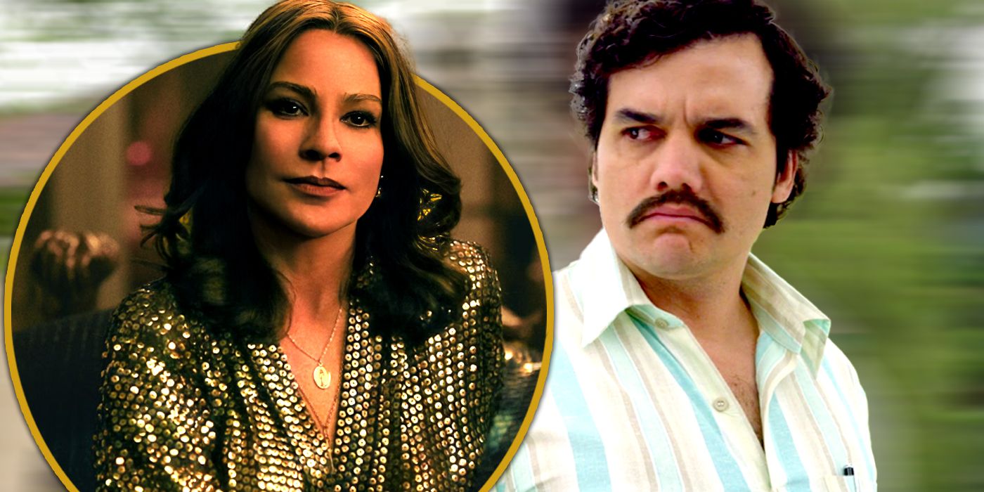 Sofia Vergara as Griselda and Wagner Moura as Pablo Escobar looking tense in Narcos Exclusive header