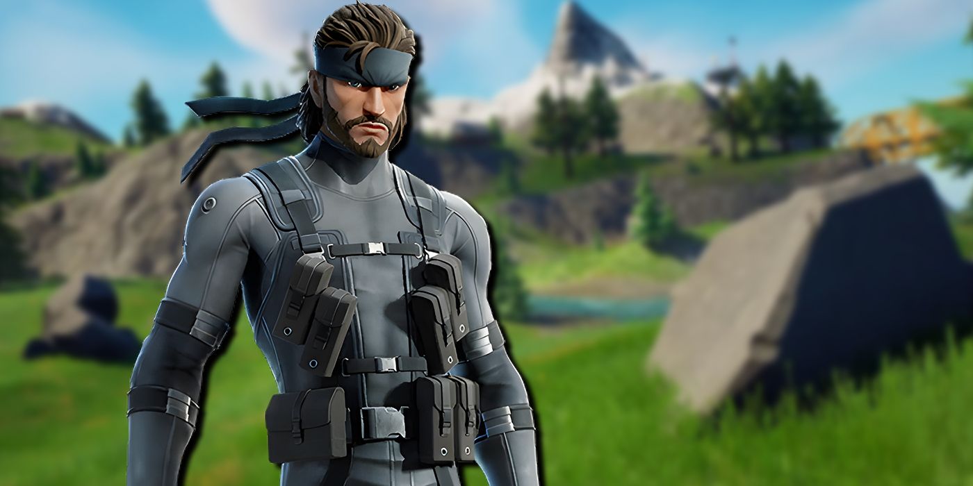 Solid Snake in Fortnite with a blurred in-game background
