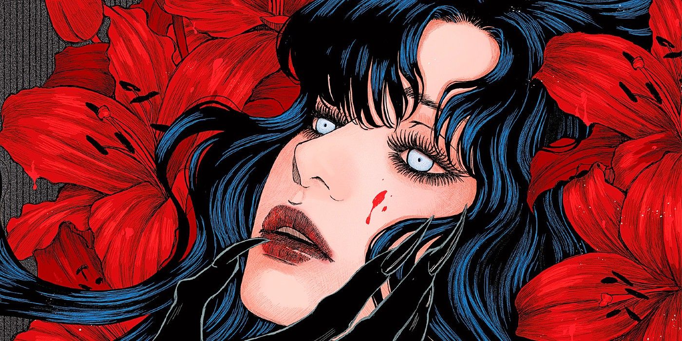 Comic book art: white woman with blue eyes and dark hair reclined in red flowers with a shadowy hand touching her face.