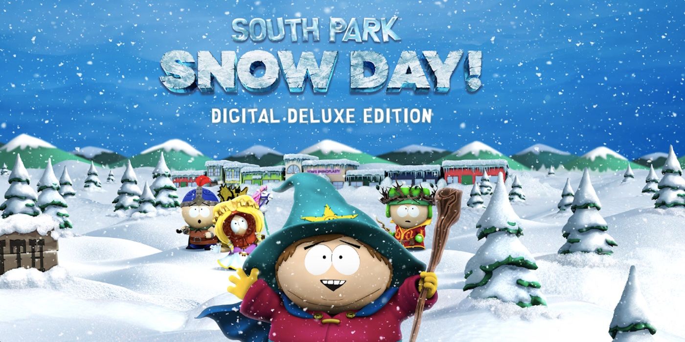 South Park Snow Day game cover image including a costumed Cartman, Stan, Kenny, and Kyle in a snowy South Park
