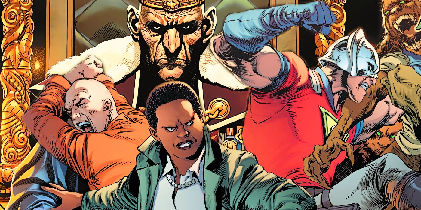 Featured Image: Sovereign looms over Amanda Waller, Lex Luthor & Peacemaker as they fight off beast-infected hordes.