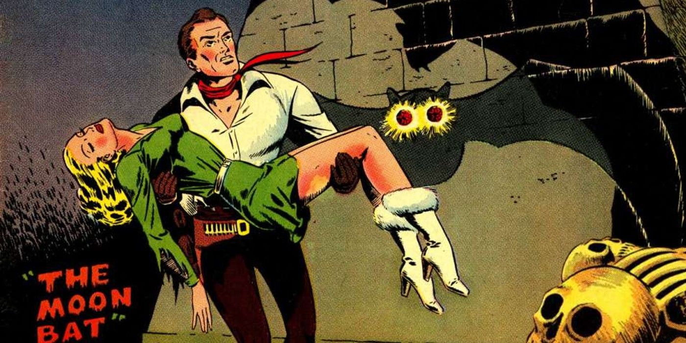 Space Western Comics spurs jackson carries a damsel as the moon bat appears behind him in shadow