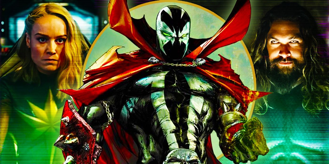 Edited image of comic book Spawn with Captain Marvel and Aquaman from the movies