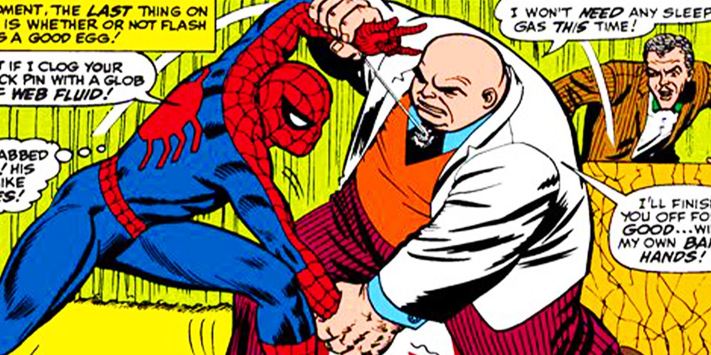 Spider-Man and Kingpin fighting in Marvel Comics