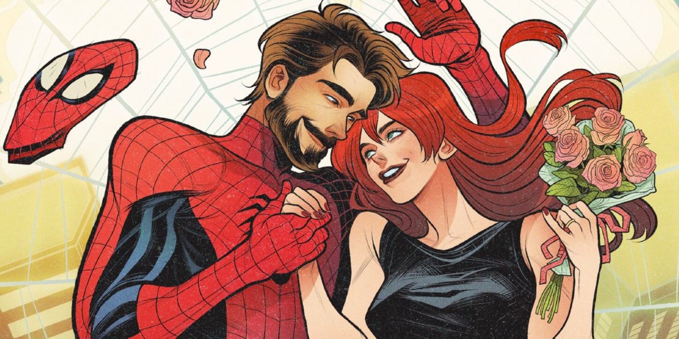 Homem-Aranha adulto (sem máscara e com barba) e Mary Jane de mãos dadas, unidos por uma teia