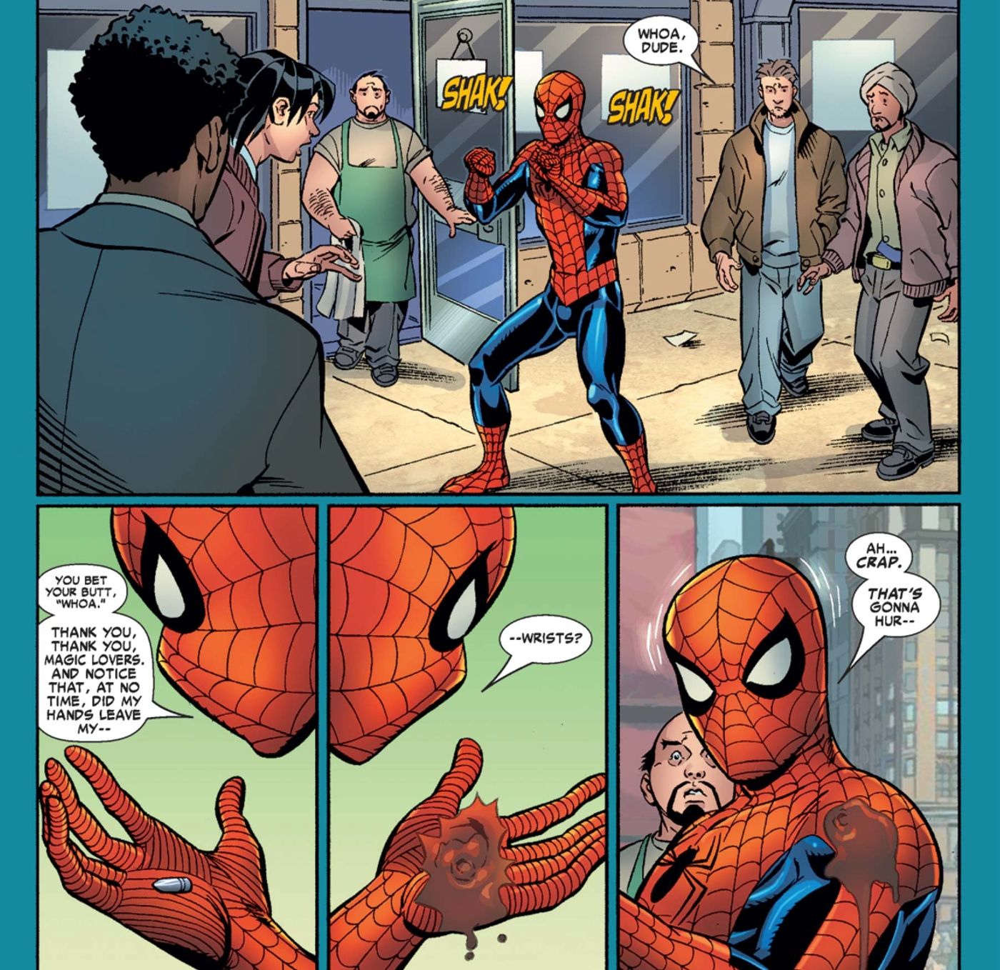 As a crowd watches, Spider-Man catches one bullet, while another goes through his hand and into his shoulder