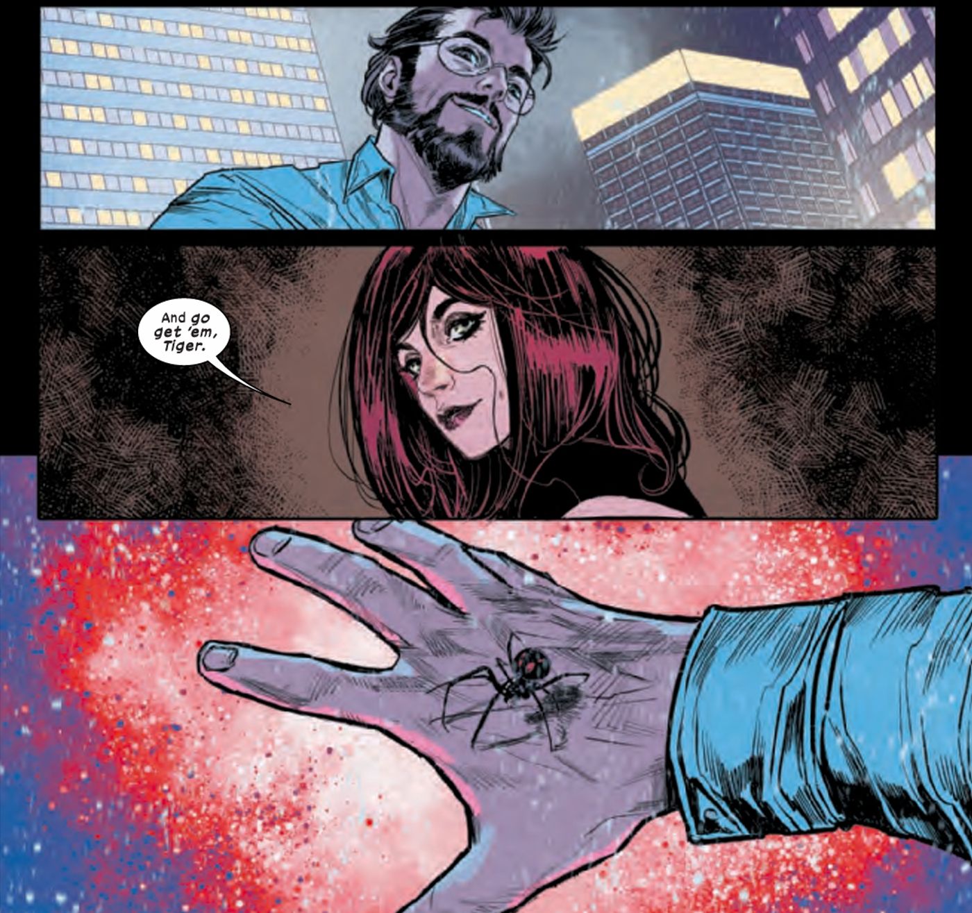 Ultimate Spider-Man #1, an adult Peter Parker is bitten by the radioactive spider as MJ says “And go get ‘em, Tiger."