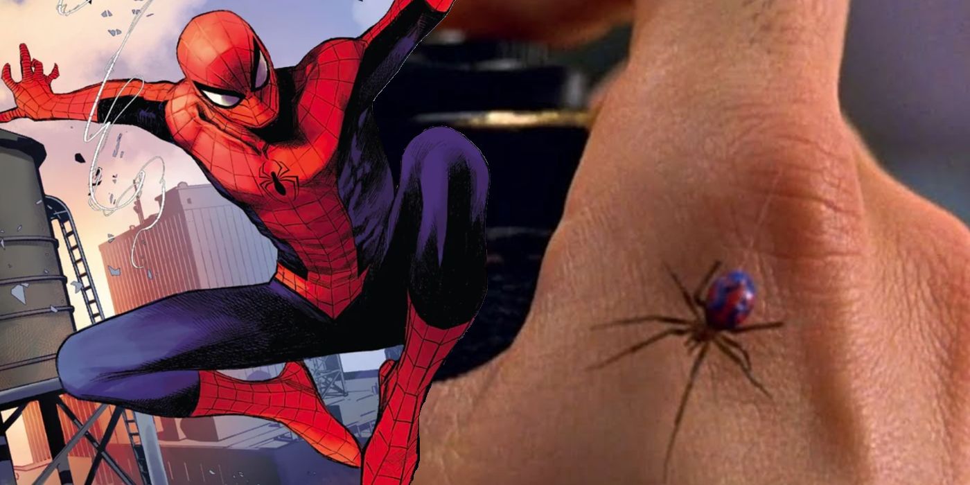Featured Image: Spider-Man swinging through the city (left) Peter Parker hand getting bitten by a spider from Spider-Man (2002) (right)