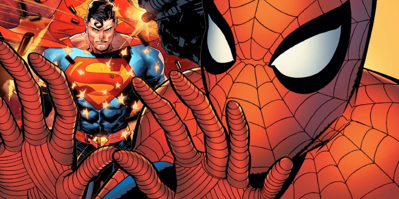 Featured Image: Spider-Man holds up his hands (foreground) bullets break against Superman's body (background)