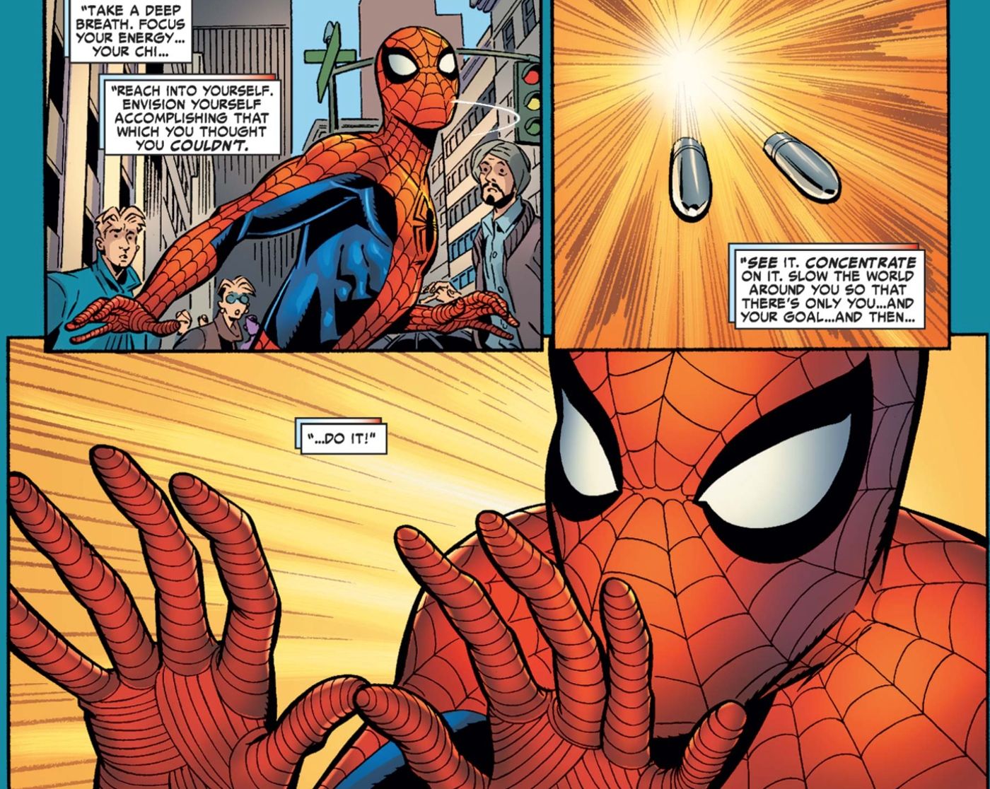 Spider-Man prepares to catch two bullets while remembering Captain America’s advice