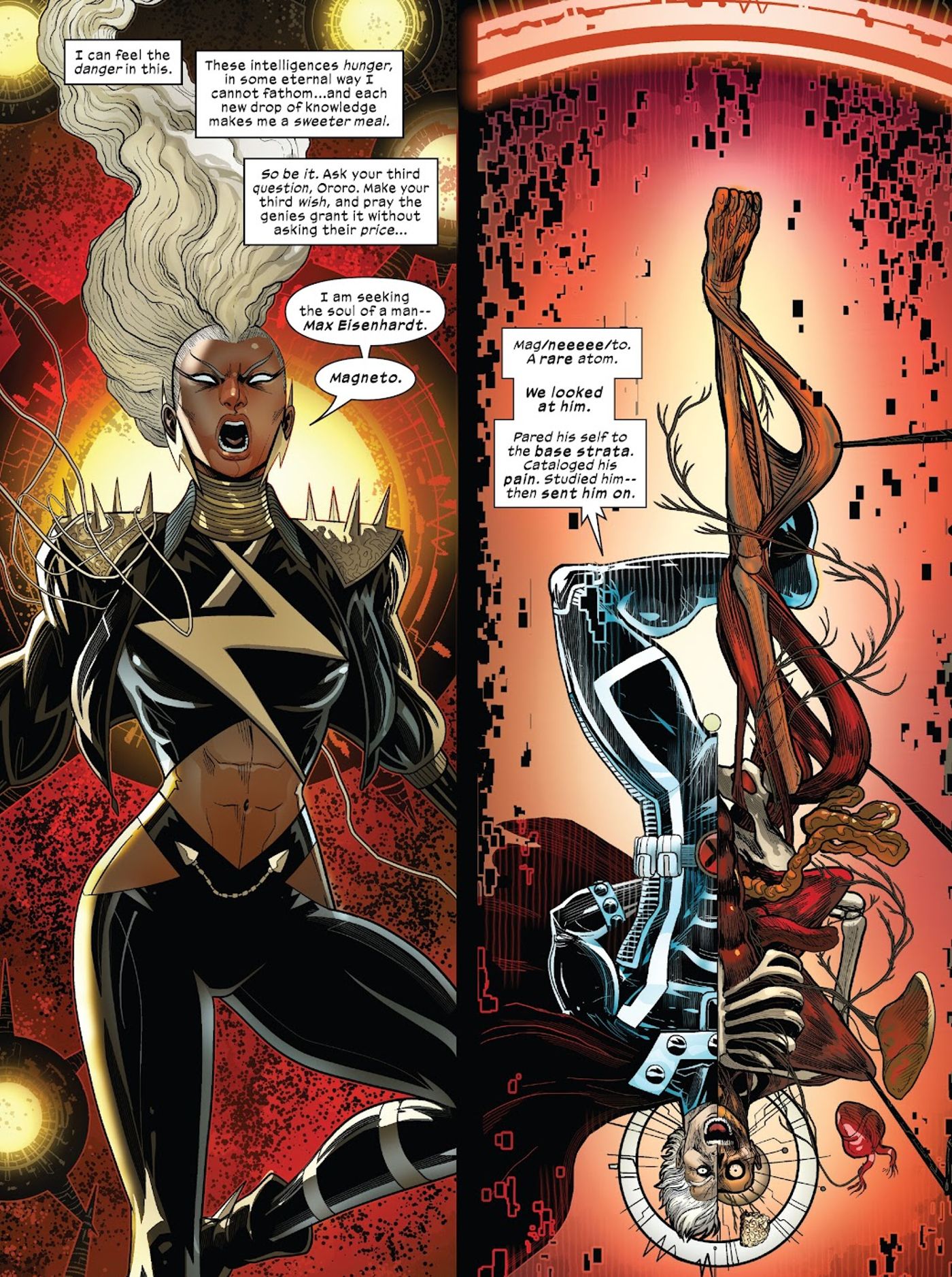Storm stands beside the image of a half-skeletal Magneto as the Dominion speaks