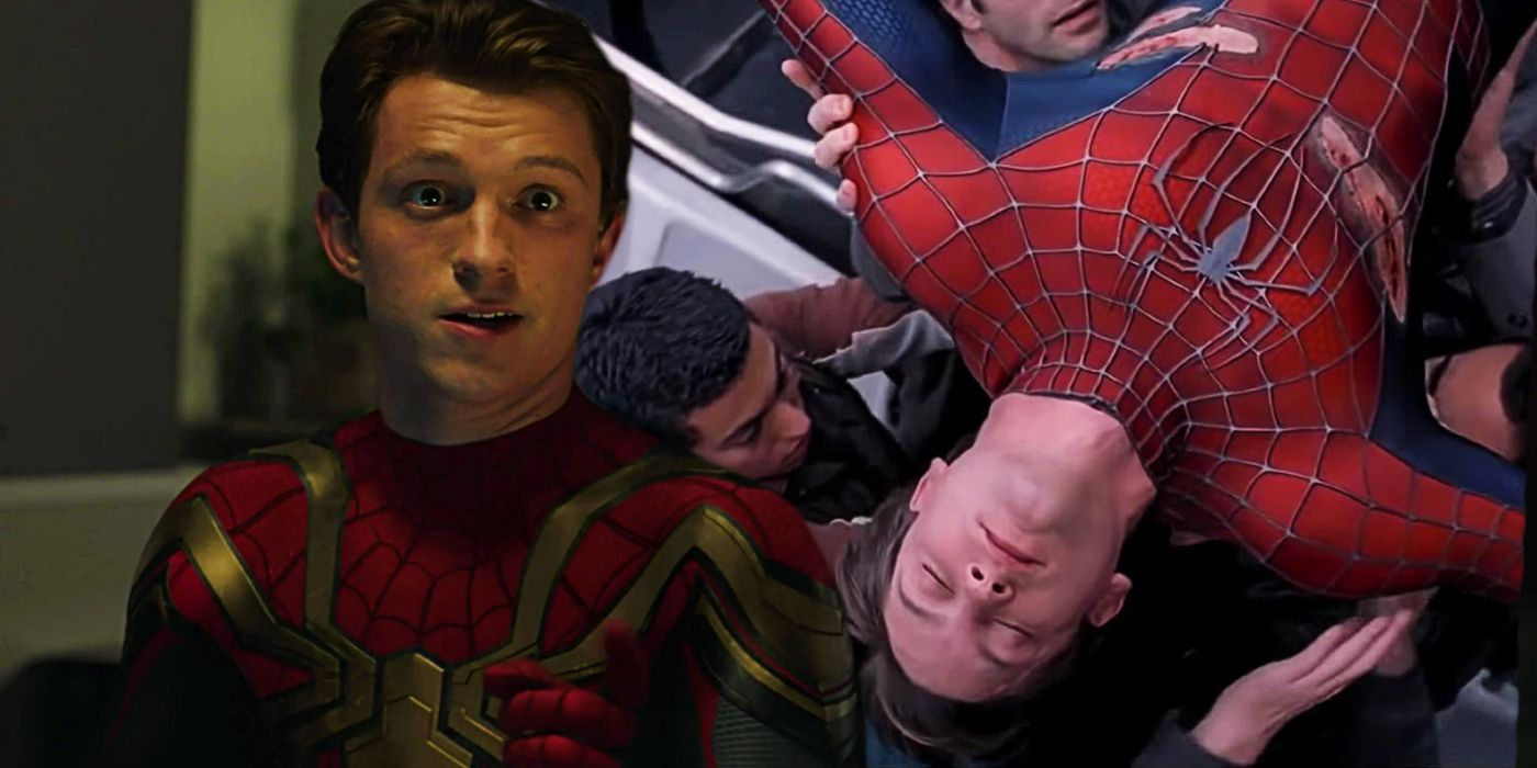 Split image of Tom Holland Spider-Man talking in No Way Home and Tobey Maguire's Spider-Man being carried by the people of New York city