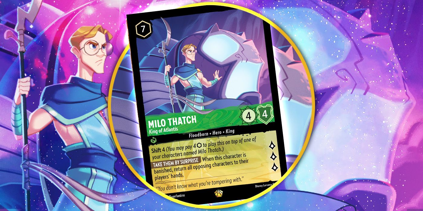 Milo Thatch Disney Lorcana card with the same artwork visible in the background.