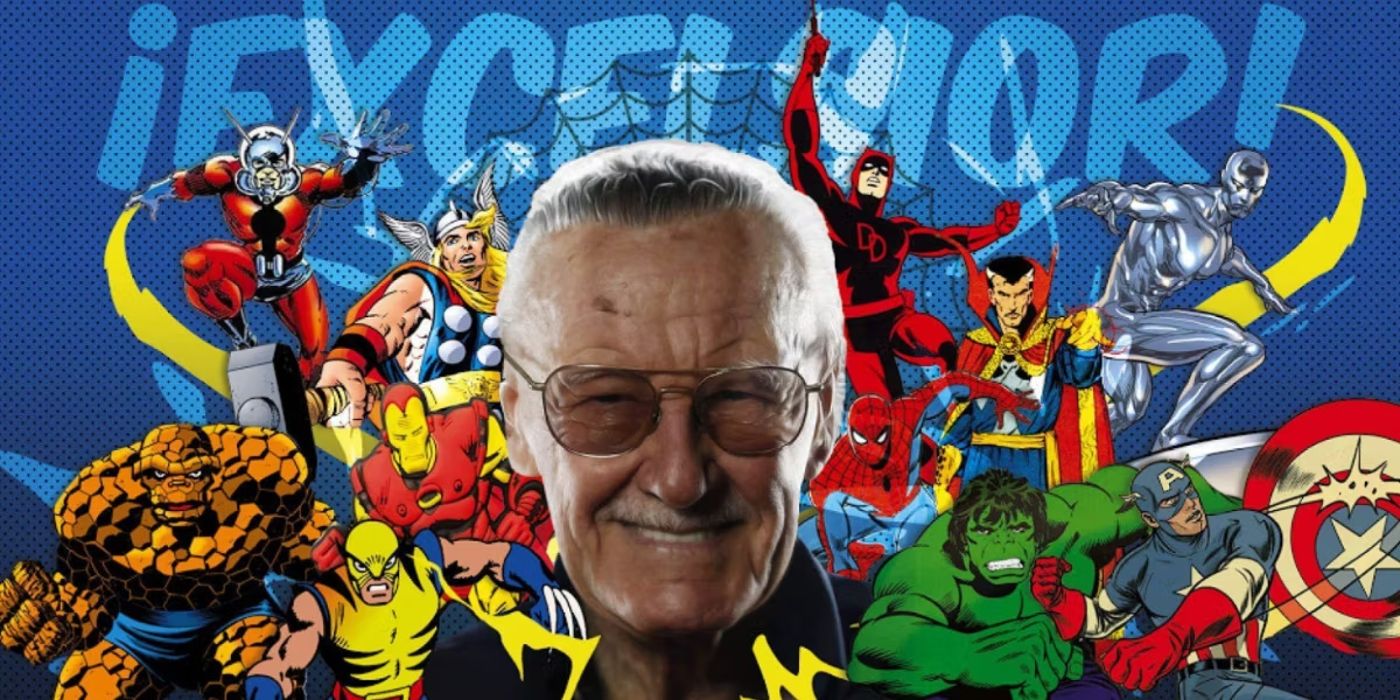 Stan Lee's head surrounded by many of his Marvel creations (foreground), catchphrase 